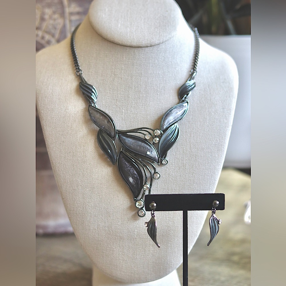 Black and grey enamel bib necklace and earrings set with rhinestone accents